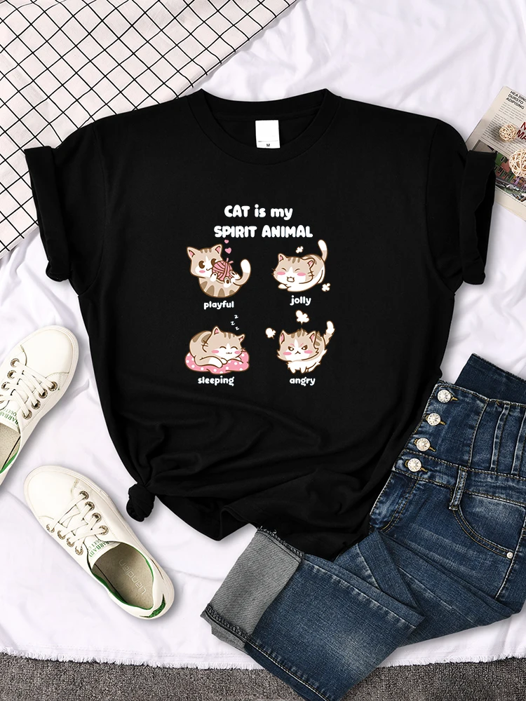 Female T Shirt Cat Is My Spirit Animal Print Top Women Kawaii Oversize Sweet Style Soft O-Neck Tee Lady Cute Slim Cartoon Clothe