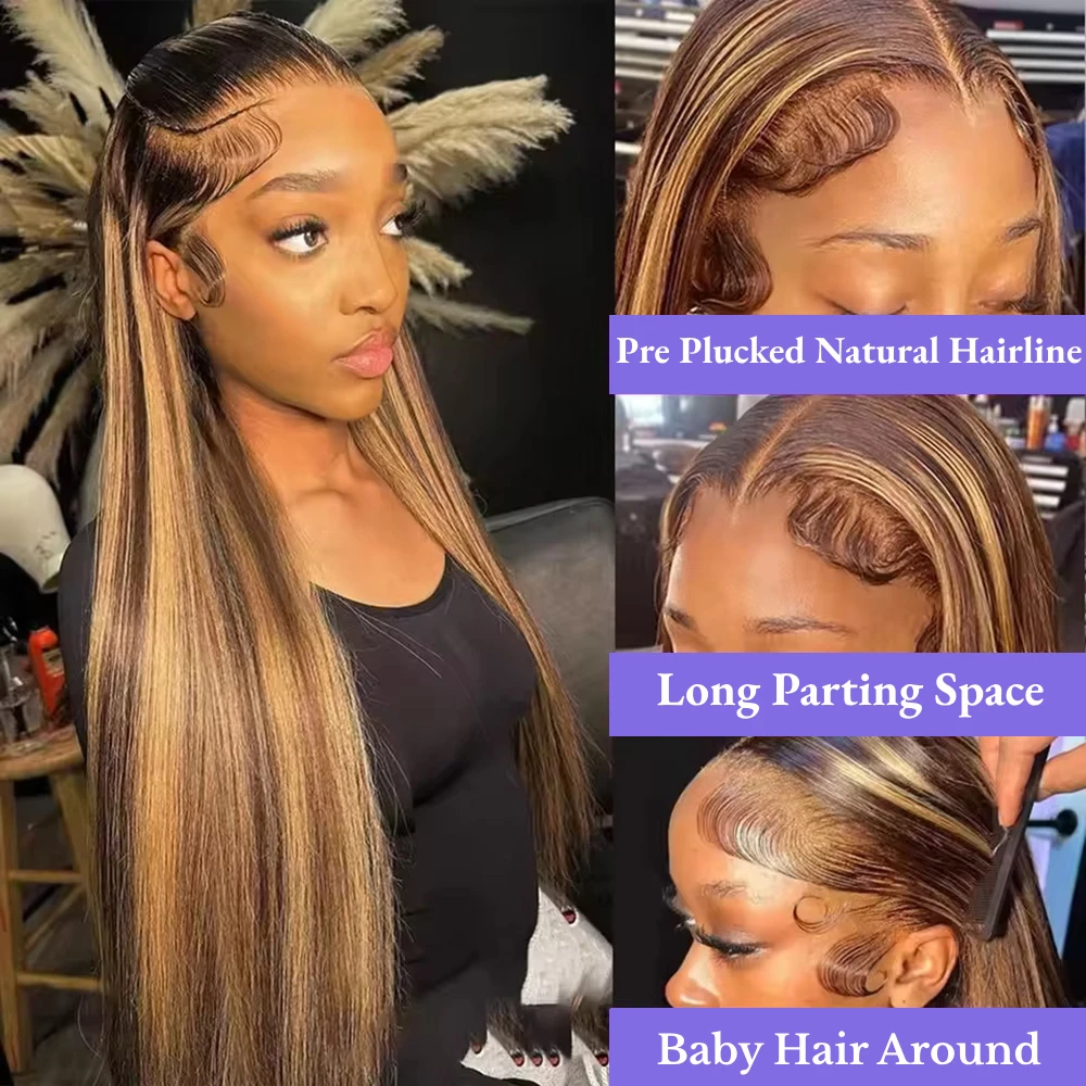 Highlight 46 Inch P4/27 Straight Wig Brazilian Human Hair Remy Women Hair 13x4 13x6 HD Transparent Lace Frontal Wig 220% Density Pre Plucked With Baby Hair