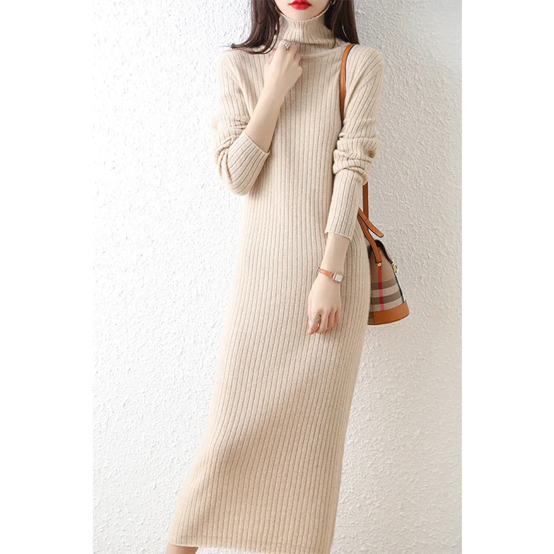 Autumn Winter High Elasticity 100% Wool Thicken Sweater Dress Warm Basic Knit Pullovers Women Slim Dress Female Casual Dresses