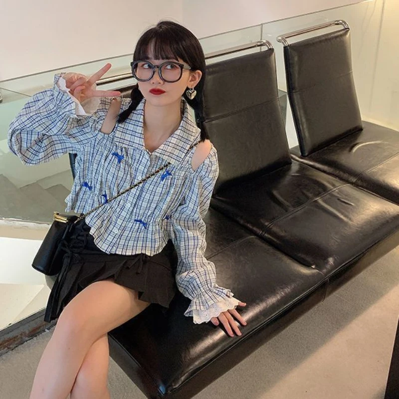 

Plaid Hollow Out Bow Contrast Color Shirt Women 2025 New Flare Sleeve Folds Design Crop Top Sweet Casual Blouse Femme