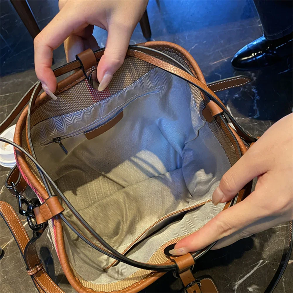 Luxury Canvas Leather Women's Bag Fashionable Large Capacity Business Women's Bucket Shoulder Bag Women's Drawstring Handbag