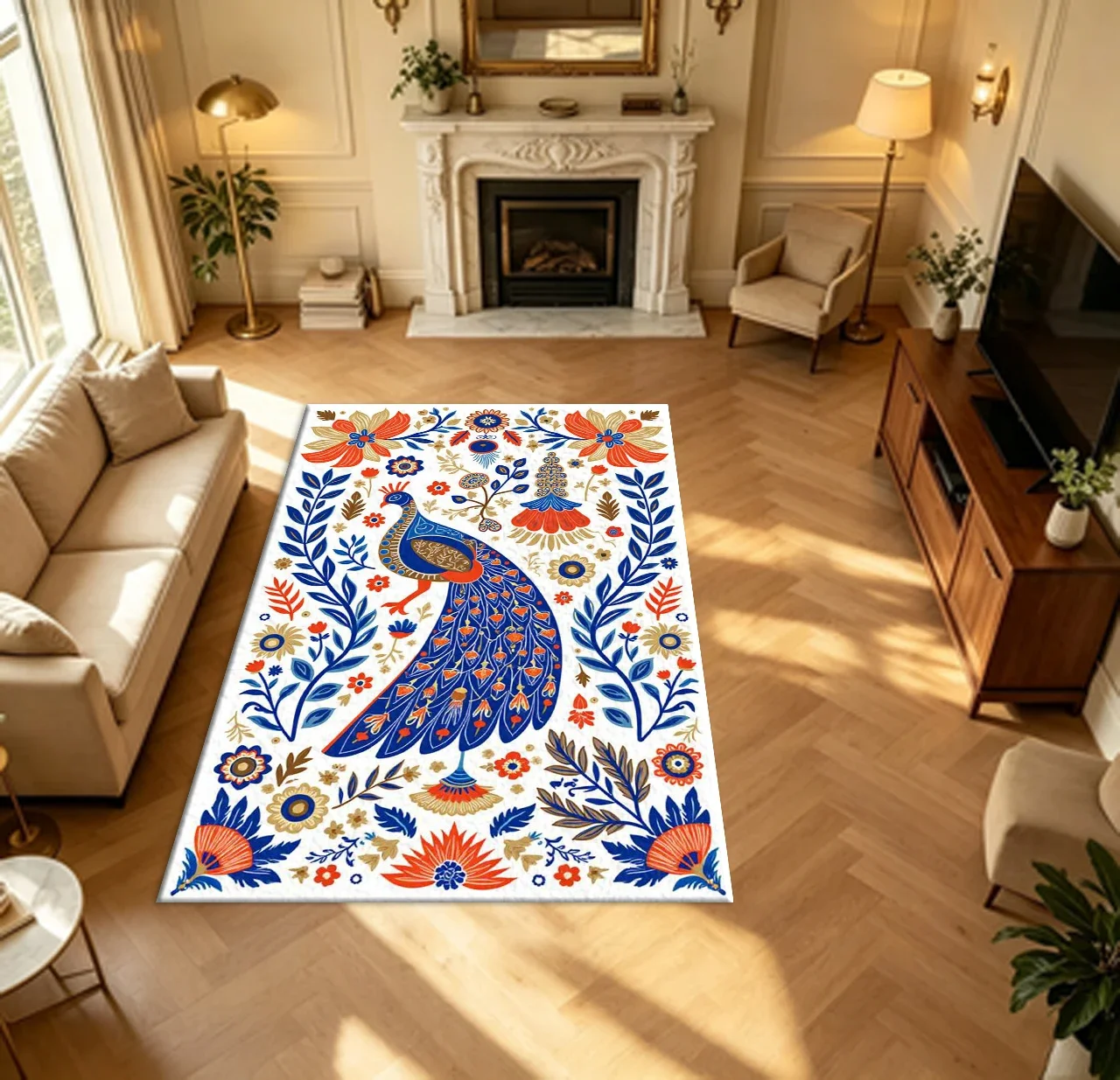 Boho Folk Style Peacock Floral Carpet Flooring Bright Color Bird Flower Motif Household Indoor Decor Large Floor Rug