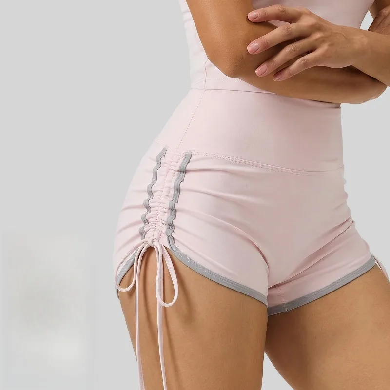 Women High Waisted Contrasting Colors Drawstring Sports Shorts Quick Drying Yog… - Image 5