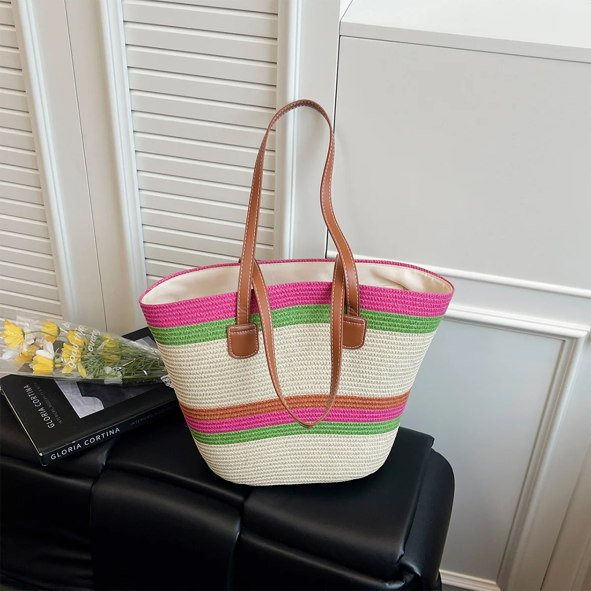 

Женская пляжная сумка для отпуска, яркая полосатая сумка-тоут, плетеная соломенная сумка большой вместимости на плечо для летнего повседневного использования