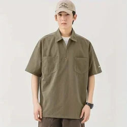 Japanese Harajuku Oversized Polo Shirt Men Summer Solid Military Green Short-Sleeved Lapel Tops Loose Quick Dry Vintage Shirts