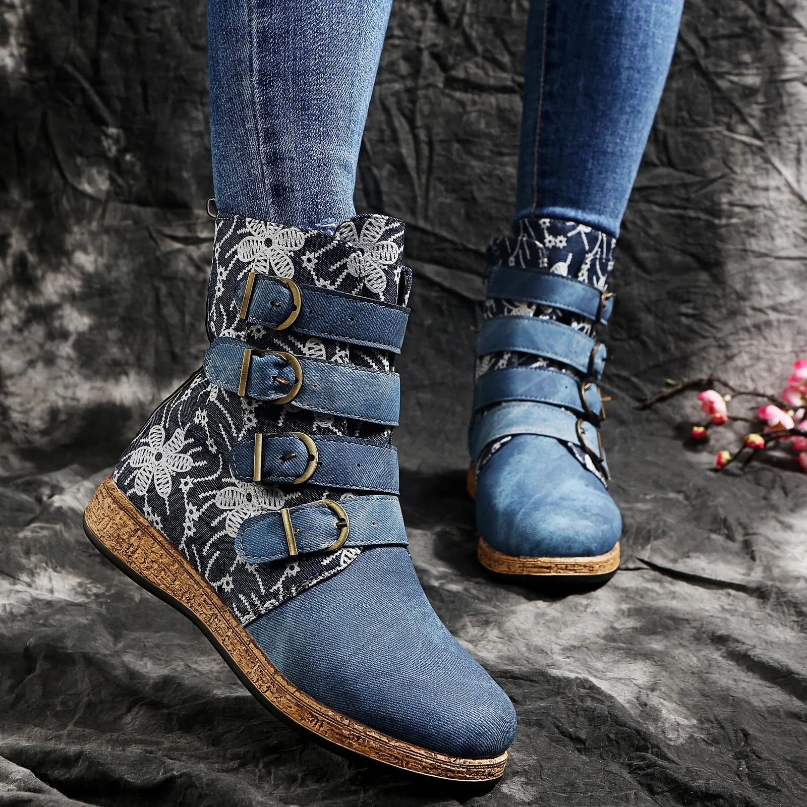 New Women Denim Boots Retro Printed Metal Buckle Soft Bottom Zipper Ankle Boots Ladies Shoes Fashion Comfort Botines Mujer 2023