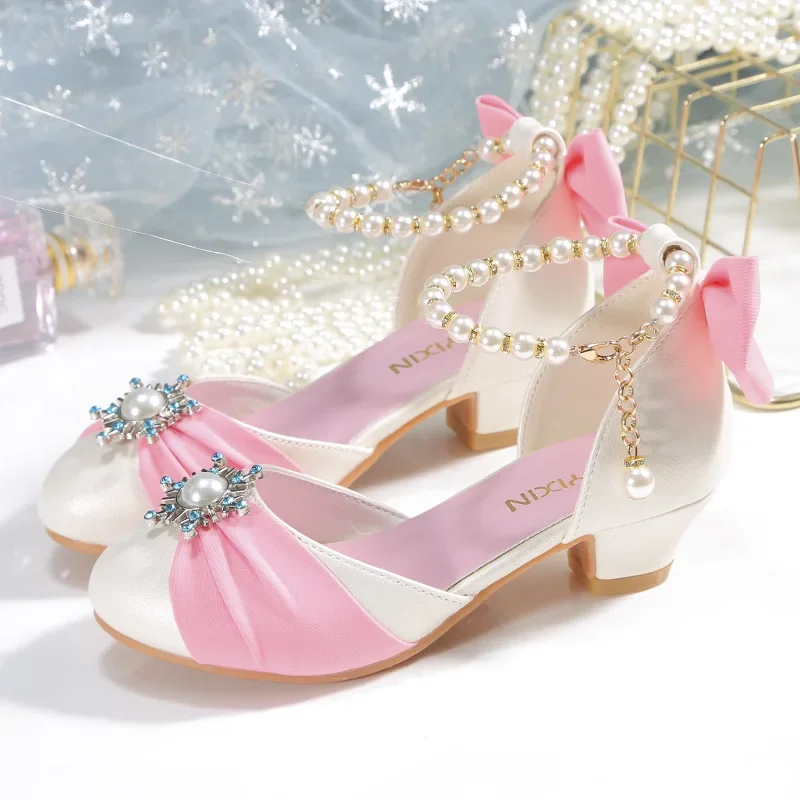 2024 New Girls\' Sandals Spring Summer Kids Non-slip Children\'s Wedding Party Shoes School Students Pearl Crystal Princess Shoes