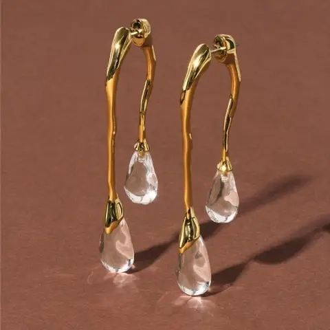 Fashion Europe Transparent Crystal Water Droplet Gold Silver Long Earrings Woman Jewelry