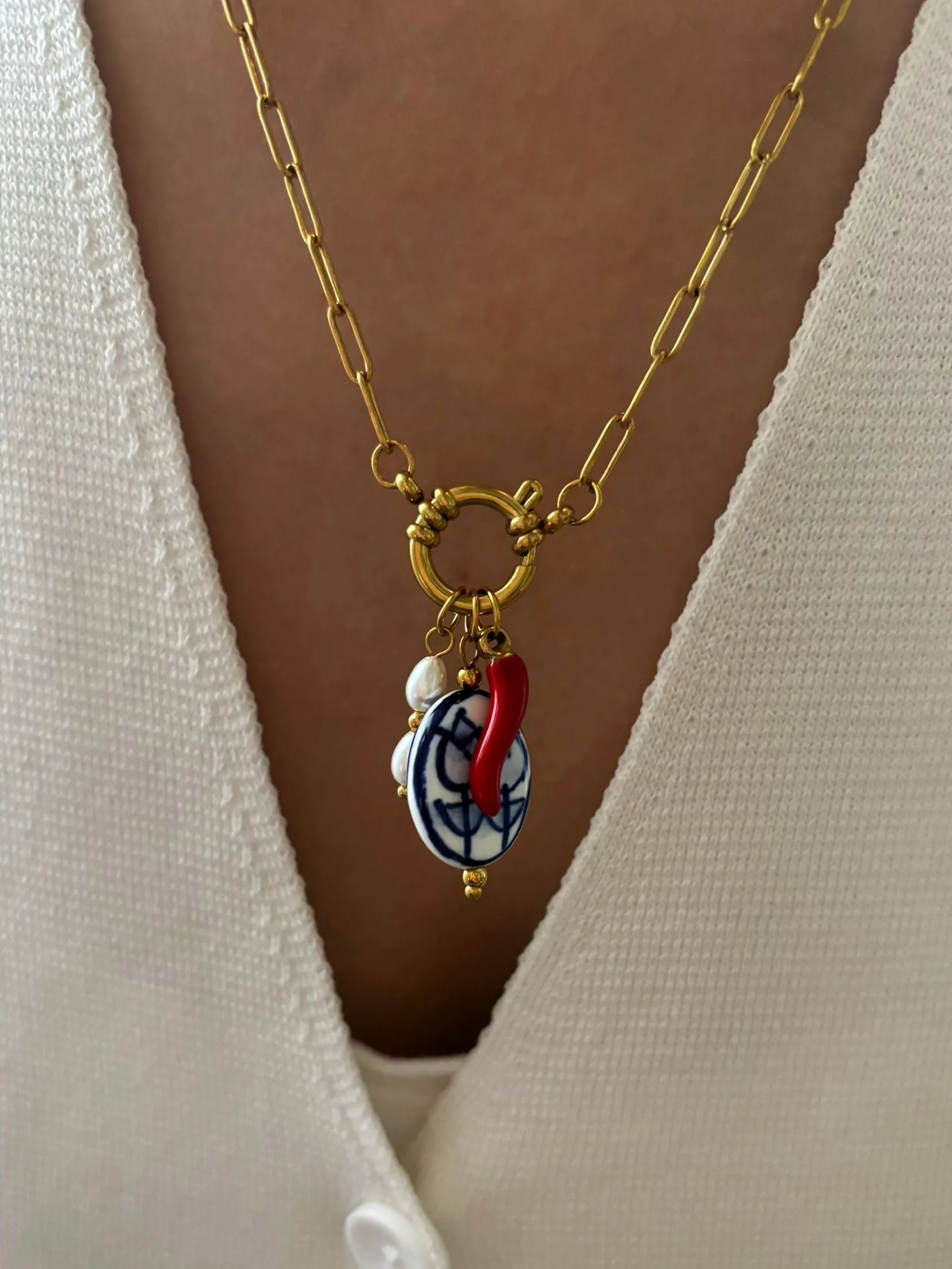 GHIDBK New Bohemia Red Enamel Chili Ceramic Imitation Pearls Pendant Necklace for Women Stainless Steel Charming Jewelry Bijoux