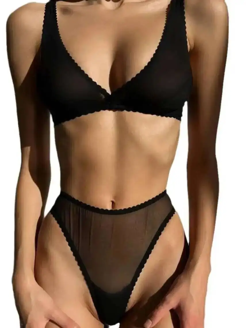 Seksowna Przezroczysta Bielizna z Siateczki Dwuczęściowe Komplety Damskie Falbanki Biustonosz Bez Pleców Głęboki Dekolt V Ramiączka Bez Rękawów Figi Zestawy Bikini W1ZD