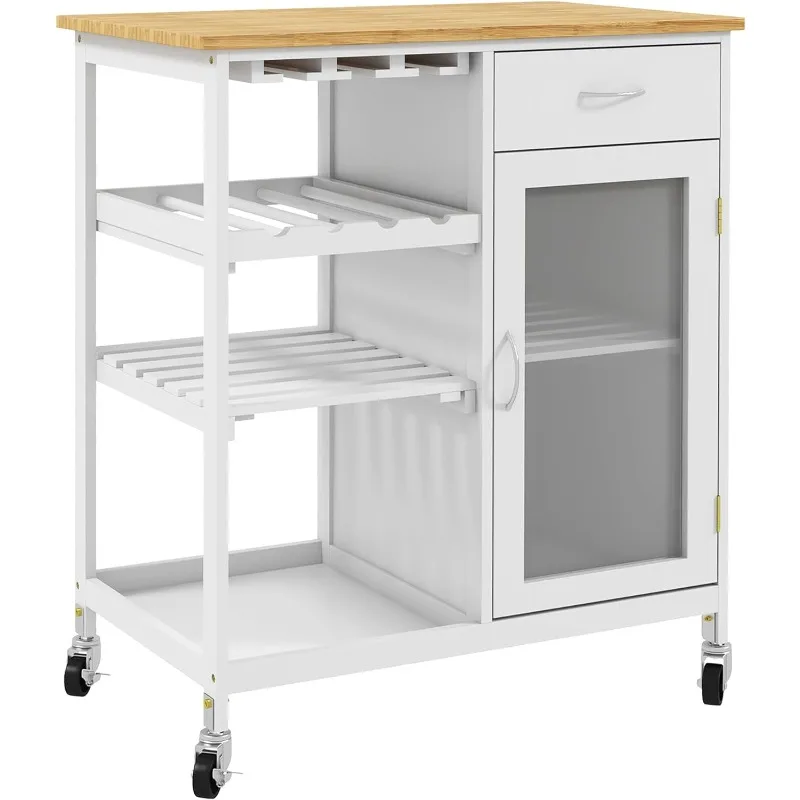 

Rolling Kitchen Island with Storage, Kitchen Cart with 4-Bottle Wine Rack, Bar Cart with Stemware Holder, Shelves