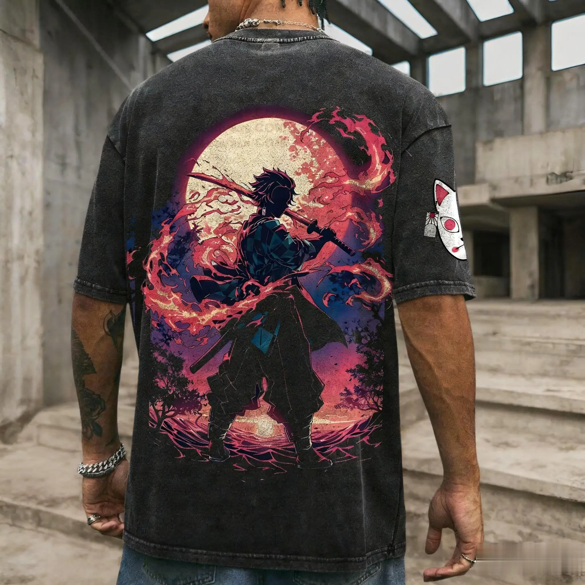 Anime vintage lavado t camisa masculina demon slayer impressão feminina algodão manga curta camiseta streetwear casual topos 2025 verão ​ Harajuku