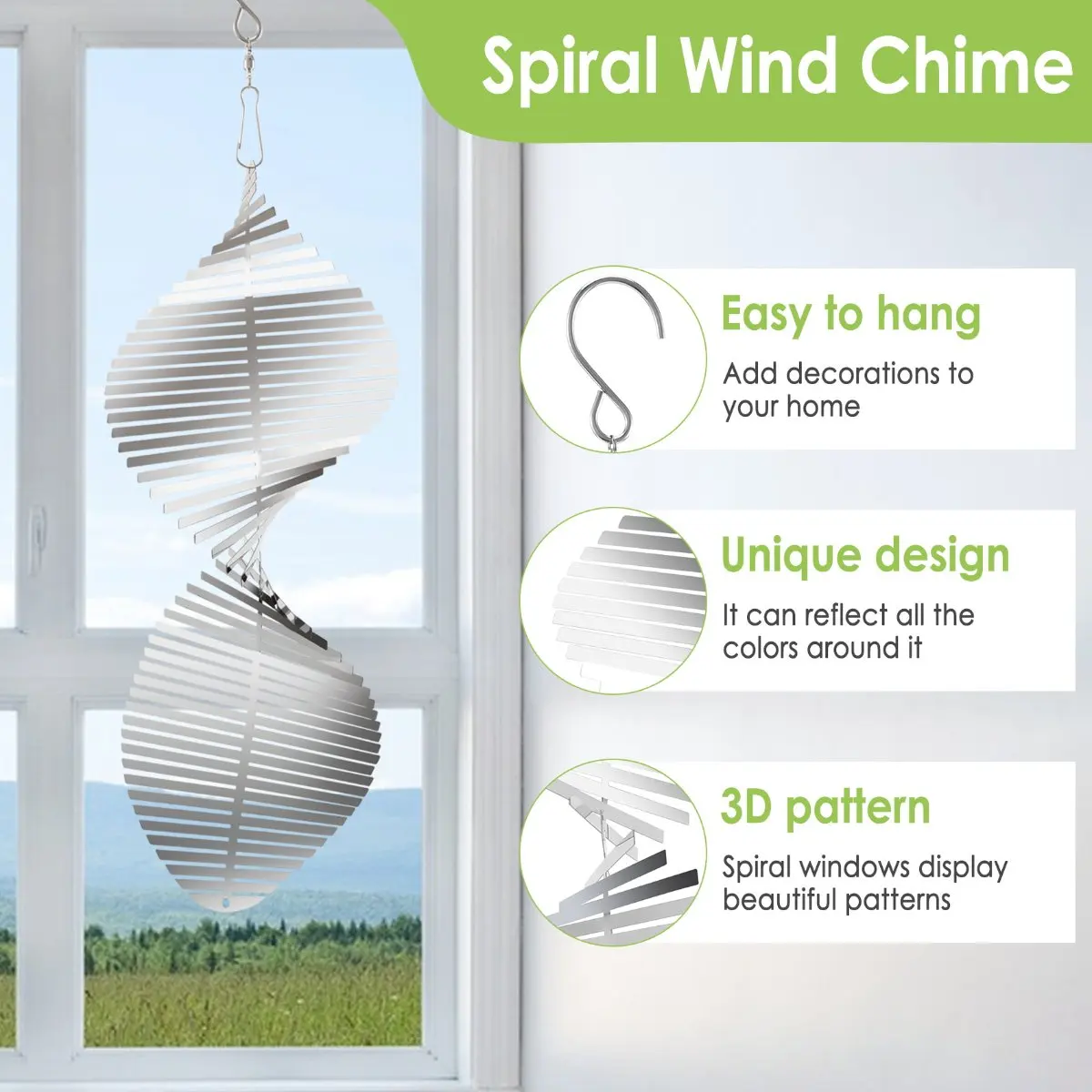 AA81-1 Piece Outdoor Hanging Decorative Spiral Metal Wind Chime 3D Spiral Wind Chime Silver Stainless Steel