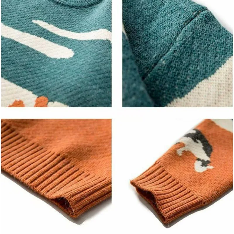KIDWHXR Herren Herbst Strickpullover Koreanischer Stil Bedruckter Rundhals-Pullover Locker Sitzender Langarm-Komfort-Pullover für Männer – Detail 6
