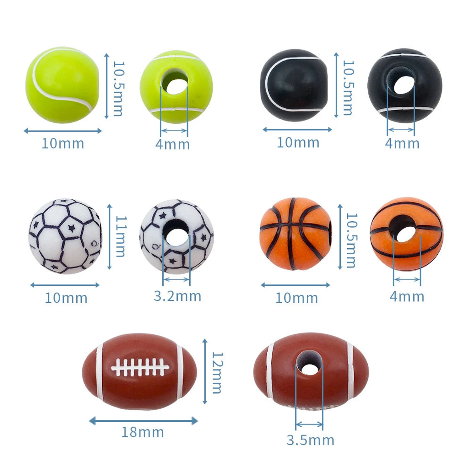 50pcs/bag Acrylic Beads Basketball Football Volleyball Baseball Sports Perforated Beads - for DIY Beading Jewelry Accessories