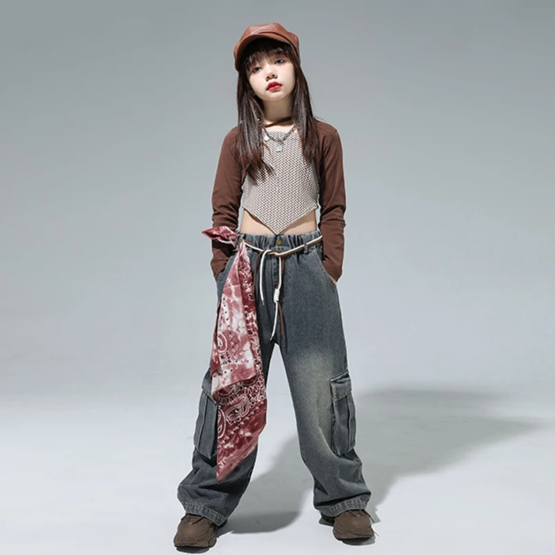 Winter Lange Mouw Top Meisjes Hiphop Kleding Street Dance Jazzdans Kostuum Top Jeans Pak Stadium Outfit Catwalk Wear DQL10072