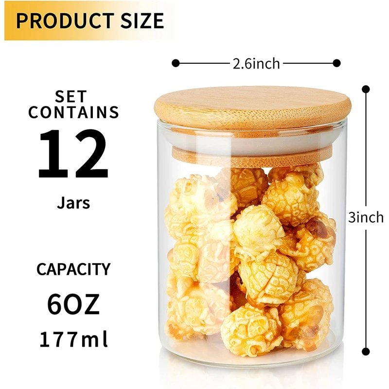 12 Pack Glass Jars Set, Spice Jars With Bamboo Lids, Clear Glass Food Storage Containers, Kitchen Canisters Set