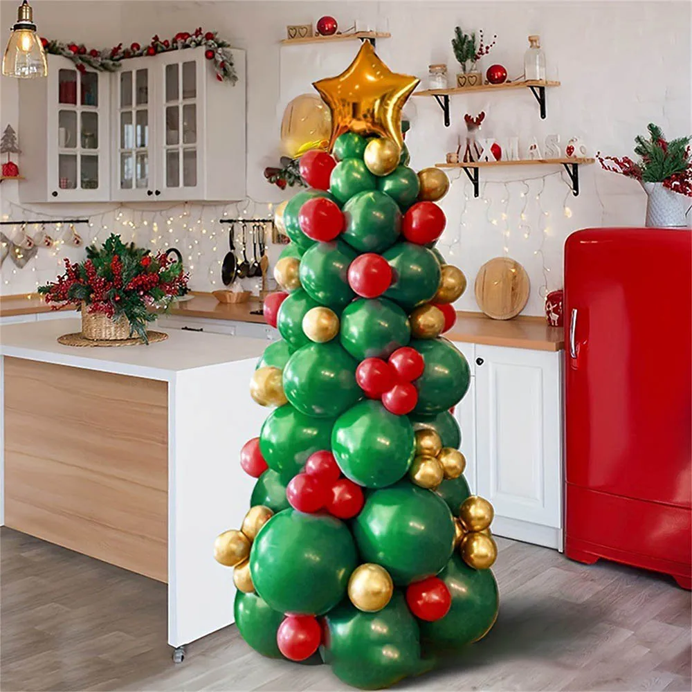 1set Creative Christmas Tree Decoration Green Red Gold Balloon With Gold Stars on top Christmas Party Decorations Xmas DIY Gifts