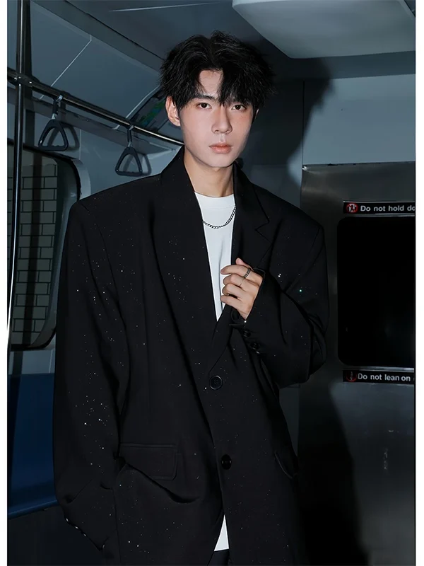 

iny Gold Emed Men's Suit Jaet Versatile Korean Sle Streetwear Flay Casual Long Sve Button Decorated Polyester ...