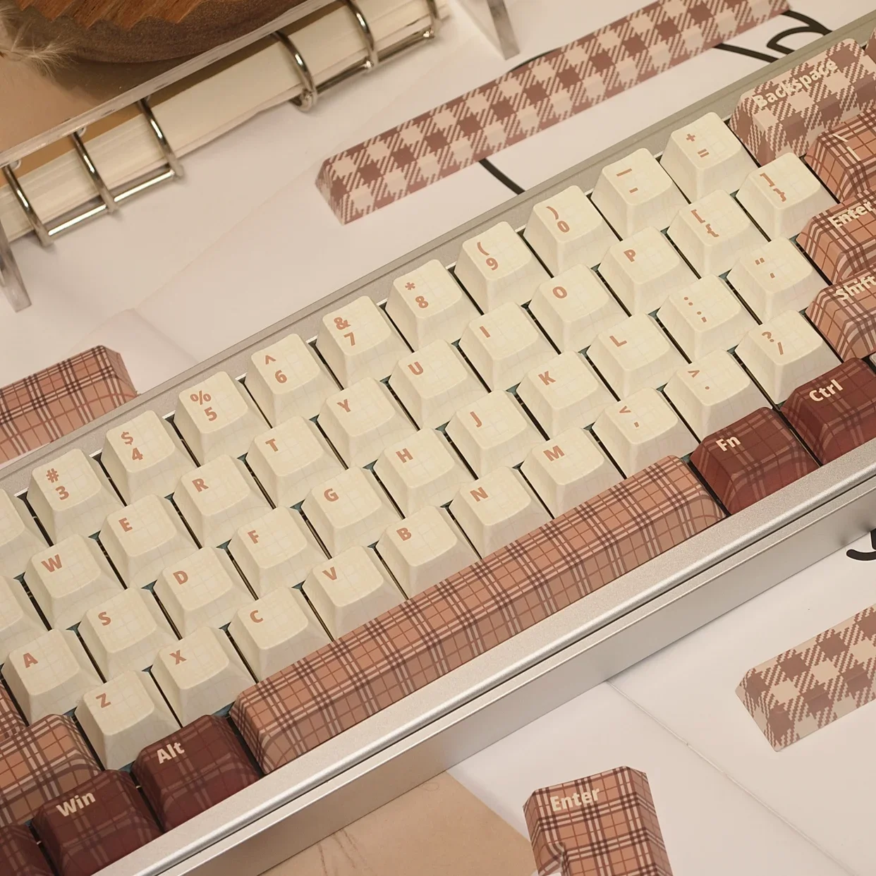 British Style Check Theme Keycaps Cherry Profile PBT Thermal Sublimation Simple Ins Brown Customized Mechanical Keyboard Keycap