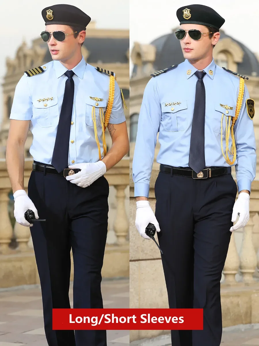 زي أمان صيفي عالي الجودة للرجال، قمصان احترافية بأكمام قصيرة لخطوط الطيران باللون الأزرق الفاتح