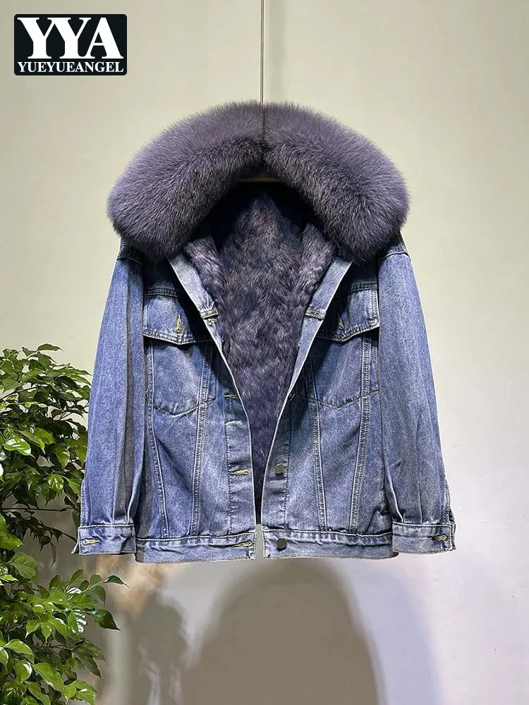 

Women Winter Rabbit Fur Inner Lining Warm Denim Jacket Detachable Fox Fur Collar Thick Overcoat Single Breasted Loose Outerwear