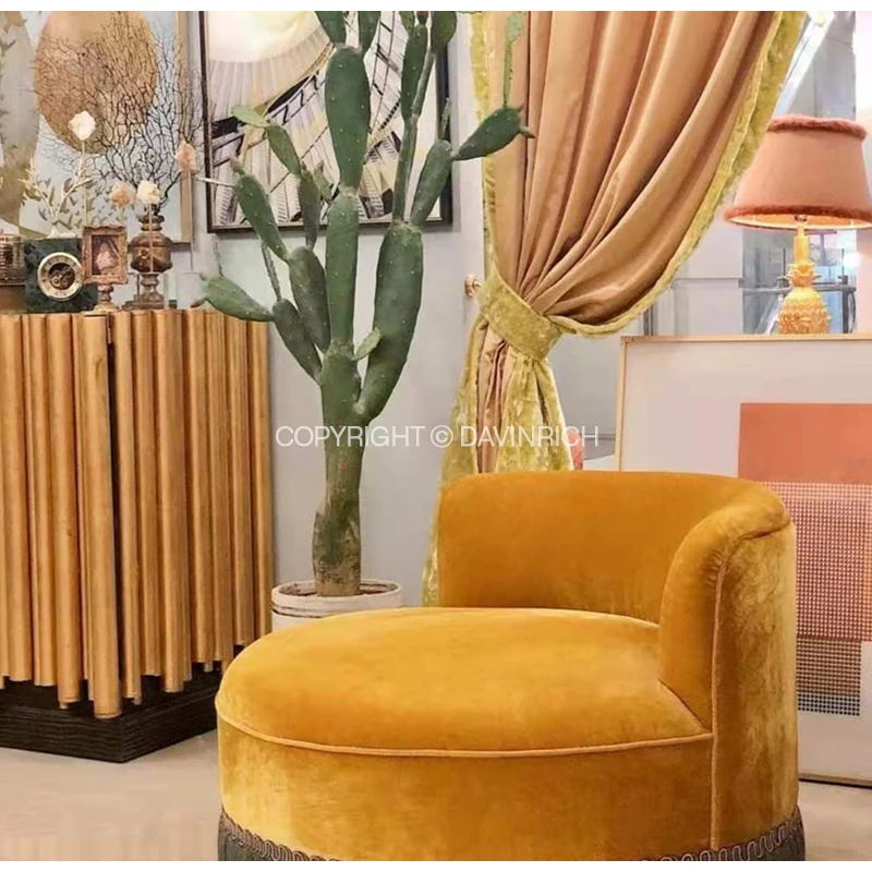 DAVINRICH kurkuma żółta aksamitna pojedyncza Sofa z frędzlami Luxe Retro Design krótki okrągły fotel Loveseat do salonu Saloon