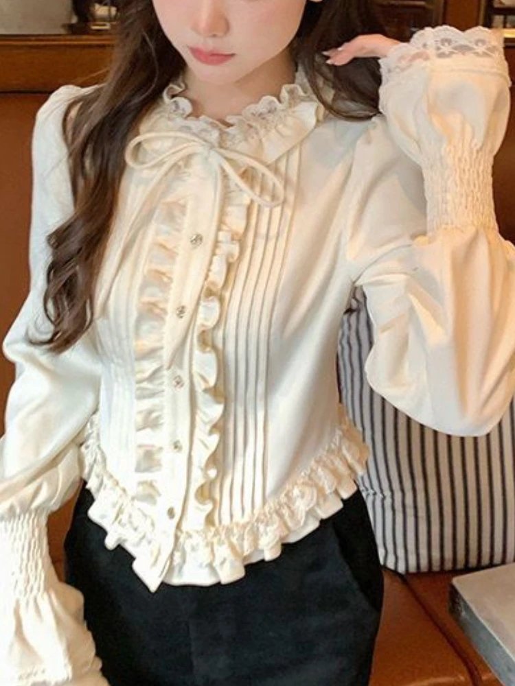 Flare Sleeve Vintage Elegant Shirts Women Ruffles Bandage Fairy Sweet Blouse Female Holiday Lace Korean Fashion Clothes 2023 New