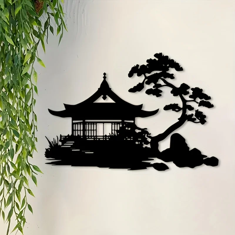 Brand Vintage Japanese Iron Wall Art Rust Resistant Pagoda Pine Tree Silhouette Asian Decor For Patio Living Room Home Garden