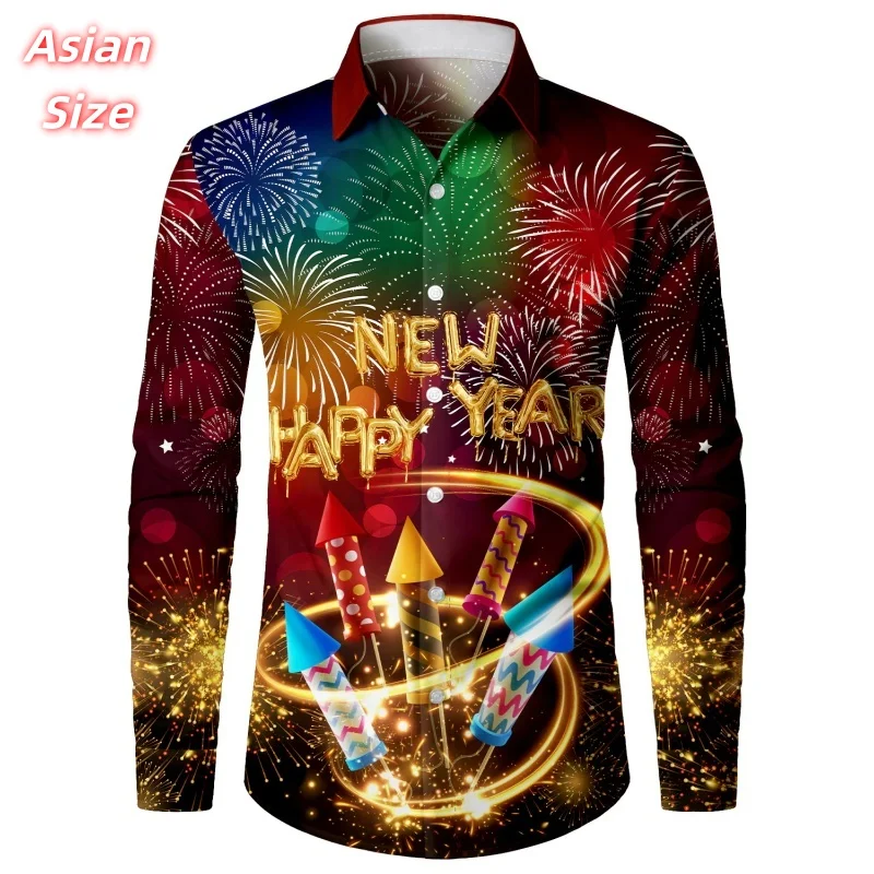 

Christmas Thanksgiving Pattern Hawaiian Shirts For Men New Year Santa 3D Print Aloha Shirts Casual Tops Loose Long Sleeve Blouse