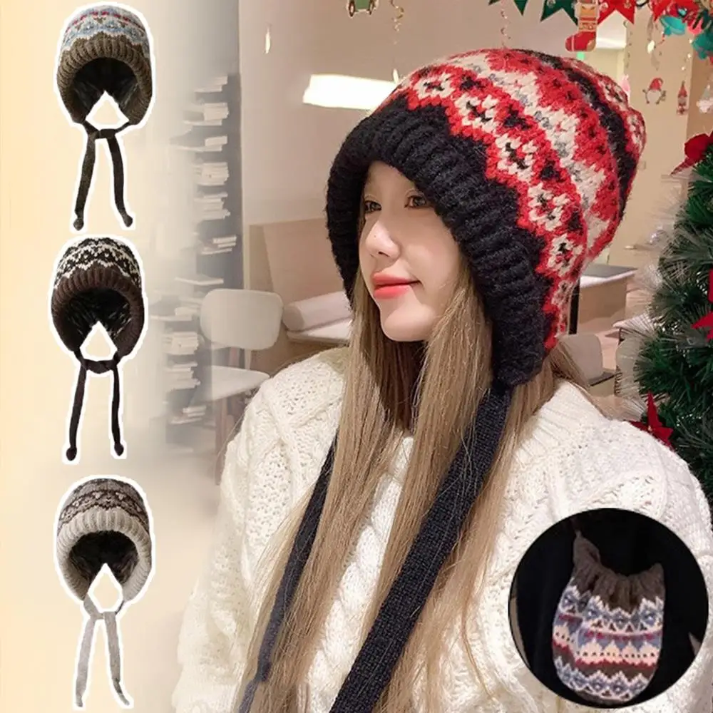 

stripecony hair Hand hook hat FUR Women's Winter Thickened Warm Knitted Wool Cap Cold Cap Large Head Surround Hat with earflaps