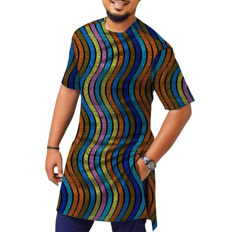 African Fashion Gorgeous Print Design Men\'s Tops Nigeria Style Colorful Male Half Sleeve Shirt Customized