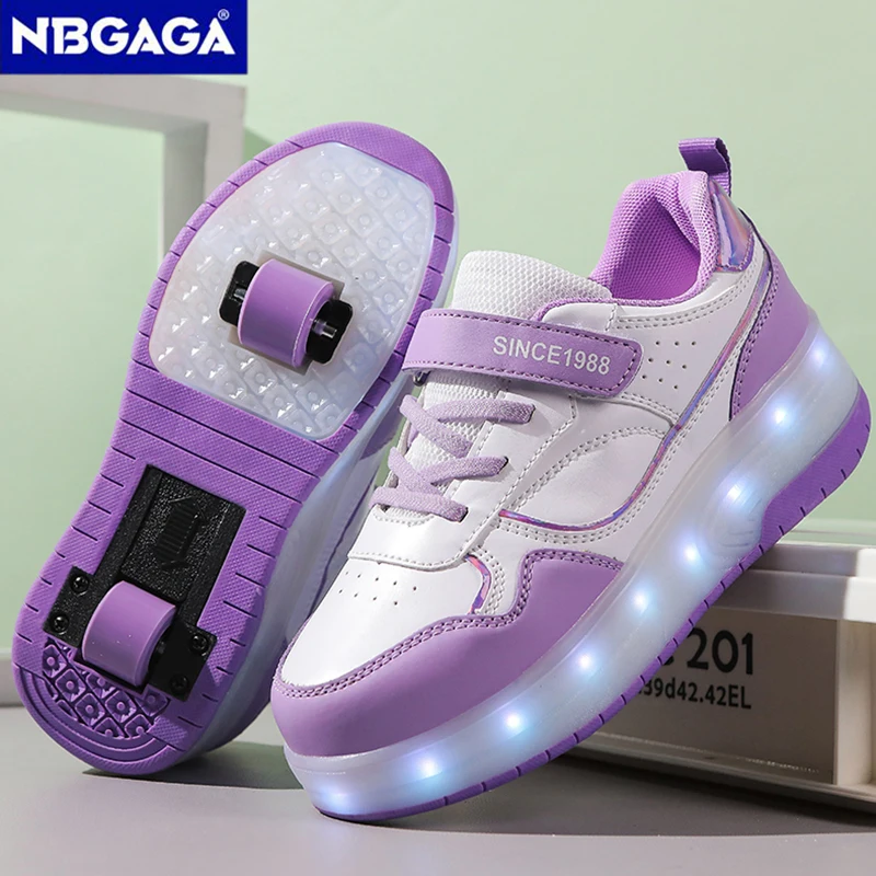 

2 Wheels Light Up Sneakers for Kids Boys Girls Roller Skate Shoes LED Flashing Casual Shoes Outdoor Non-Slip Children Footwear