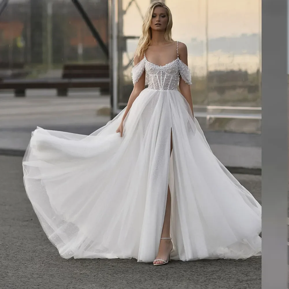 

Glitter Spaghetti Strap Pearls Wedding Bridal Dress Off Shoulder Side Split Bride Gown Lace Up Back Bohemian vestido de mariee