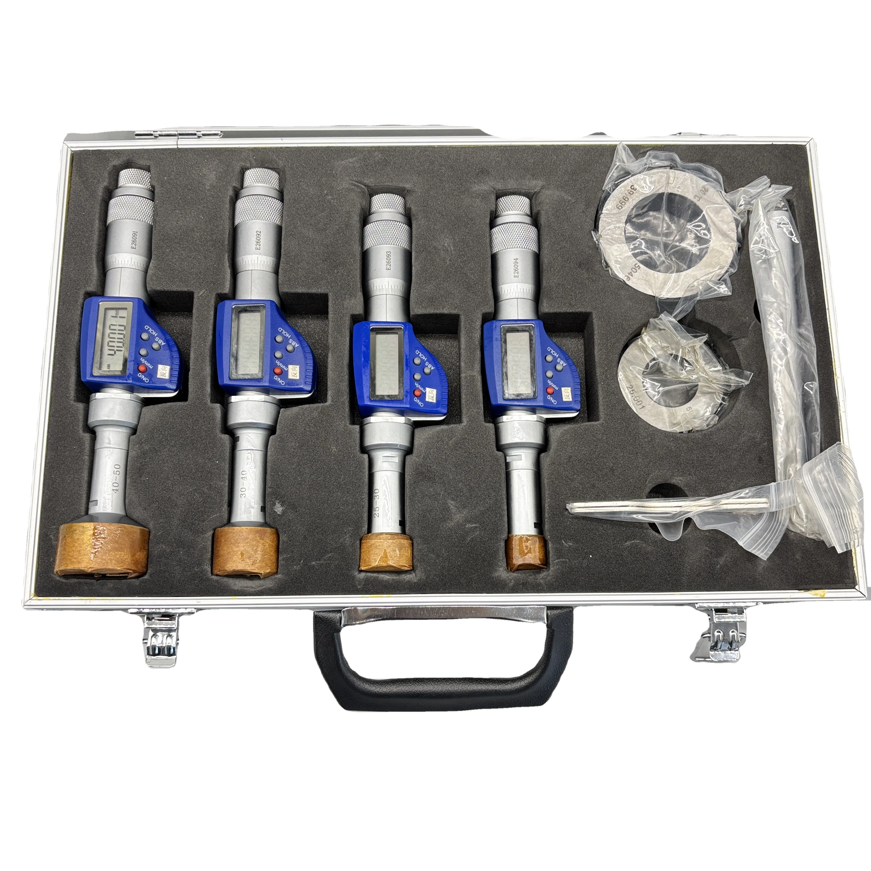 Set Of Four Large Digital Three Points Internal Micrometer Measuring Tools Set 50-100mm Setting Ring Aluminum Box