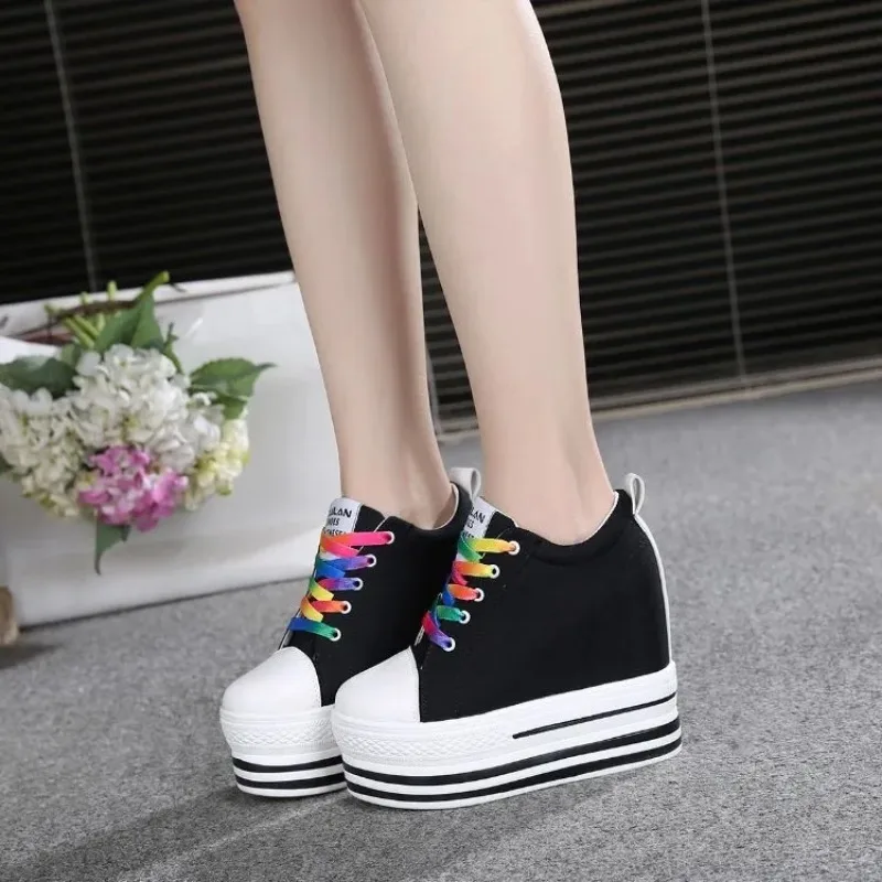 2023 New 12CM Heels Wedge Canvas Shoes Woman High Platform Sneakers Vulcanized Shoes Hidden Heel Height Increasing Casual Shoes