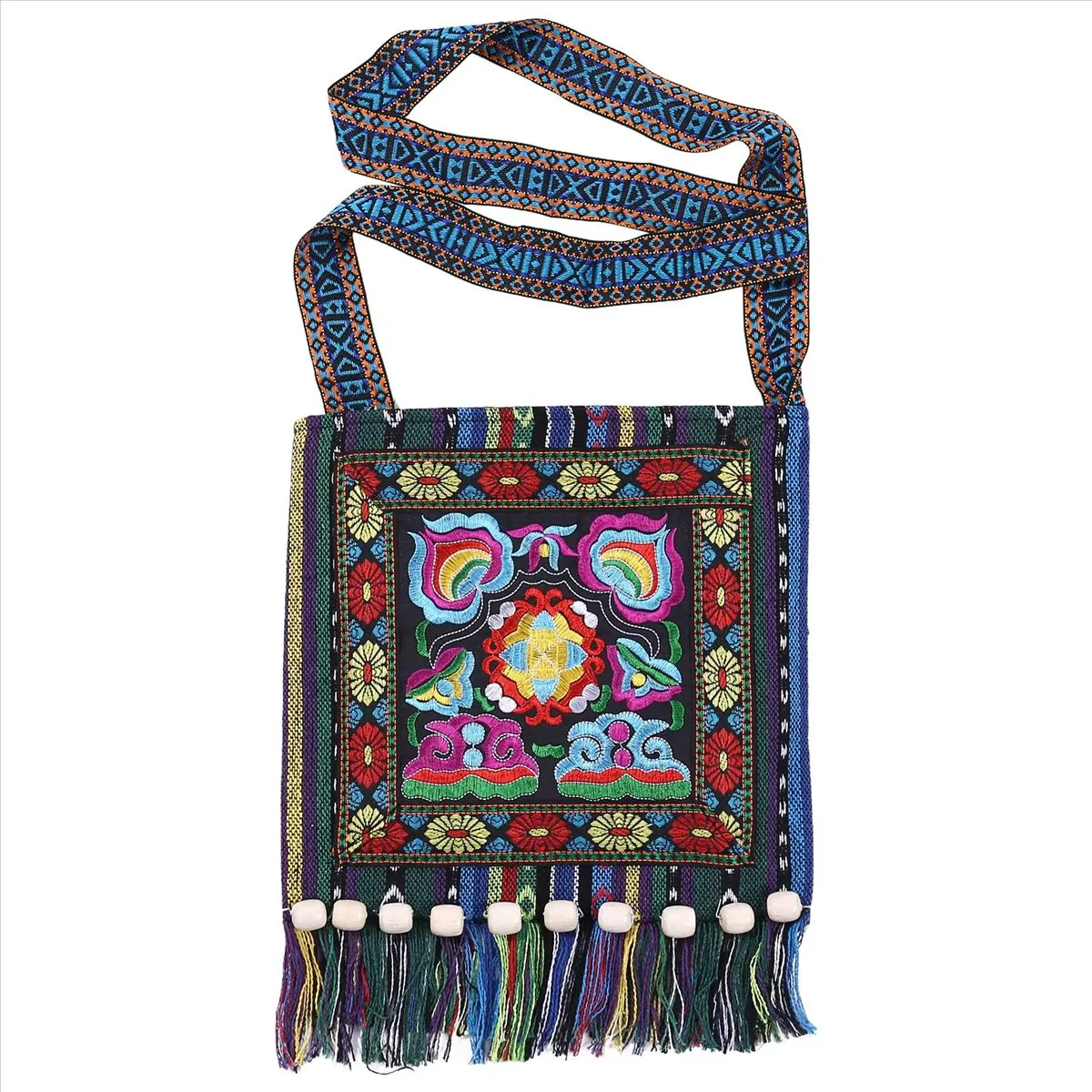 ABQR Hmong Vintage Chinese National Style Ethnic Shoulder Bag Embroidery Boho Hippie Tassel Tote Messenger
