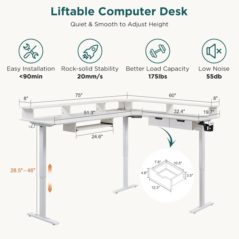 L-Shaped Electric Height-Adjustable Desk, 75x60 Inches, with Corner Gaming Features, Drawers, and Keyboard Tray