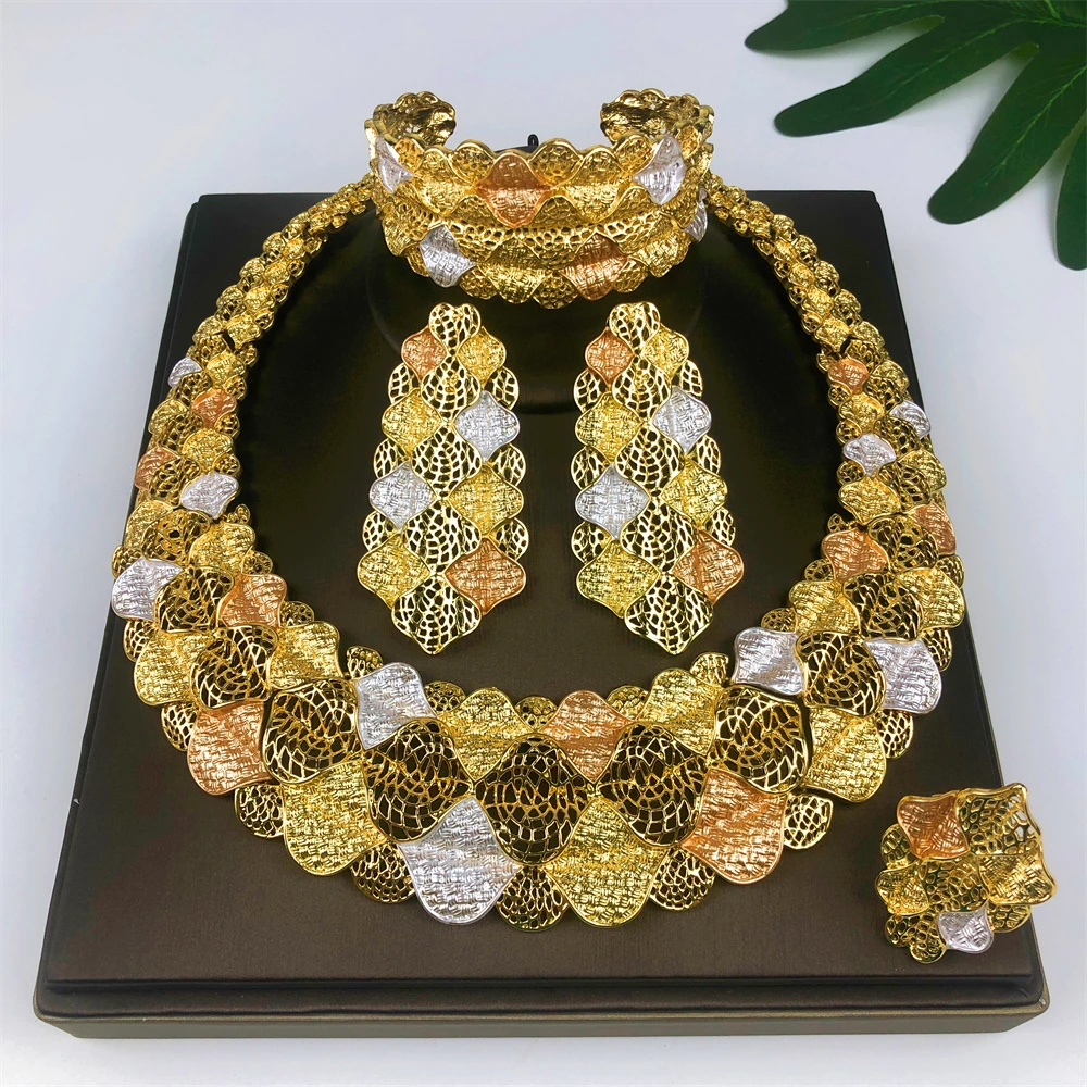 Italy 18k Gold Plated Women Jewelry Set Classic Two Tone Design Round Necklace Earrings Bangle And Ring Full Set Jewelry