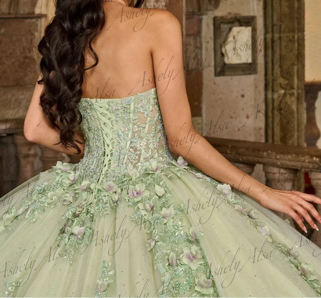 Customized Sage Green Quinceanera Dresses Ball Gown Flower Applique Lace Up Floor Length Prom Birthday Party Dress Sweet 15 16