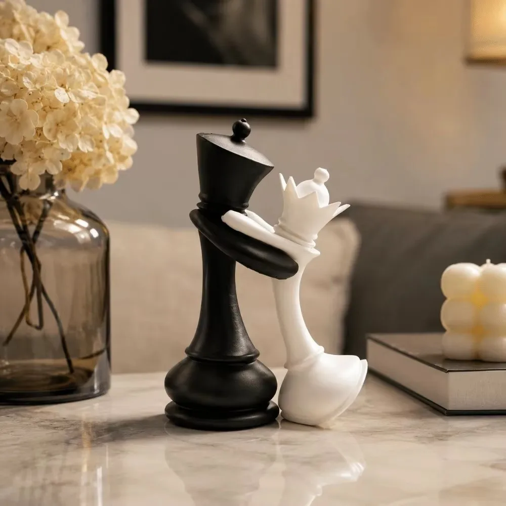 3D Printed Chess Statue Sculpture Black White Couple Gifts Chess Ornament Figurine King and Queen Statue Desktop Ornaments Gift