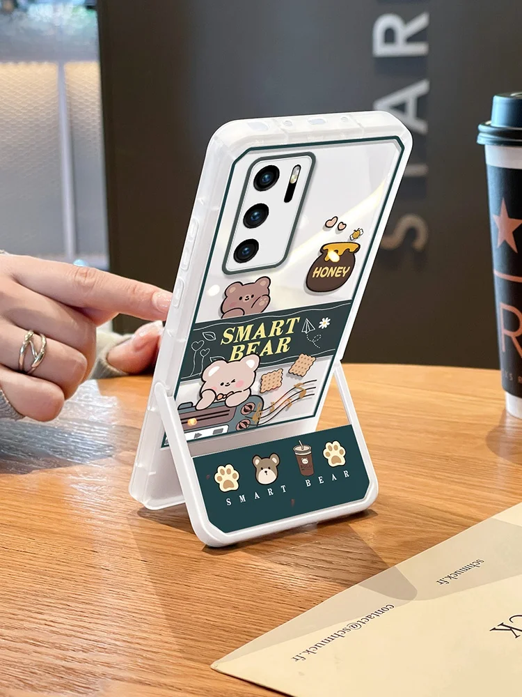 

P40 pro Bear Honey Pot Phone Case New Invisible Stand P50 pro Cute Transparent Cartoon P30 pro Women's Creative P40 Pr...