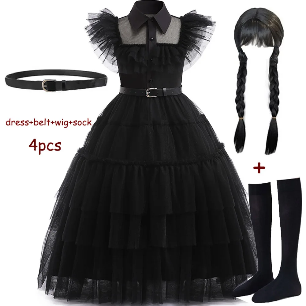 Halloween Carnival Vestidos Wednesday Addams Cosplay Costume For Girl Teenage Kids Mesh Party Evening Long Dresses 5 10 12 Yrs