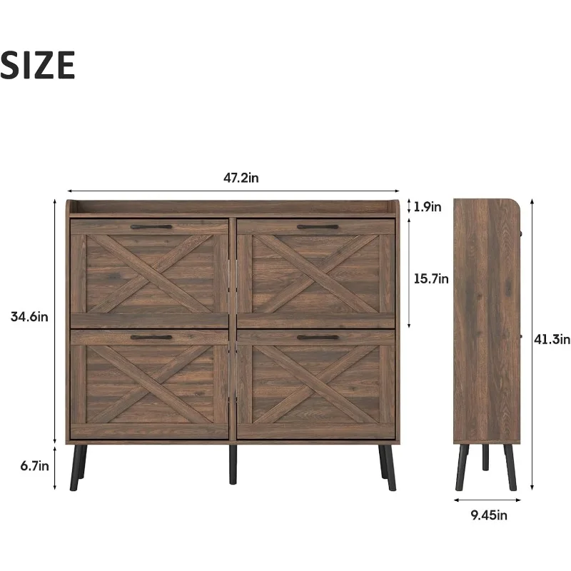 Large shoe cabinet with 4 flip drawers, free-standing shoe cabinet with metal drawer hinges in entryway, 5 sturdy wooden legs