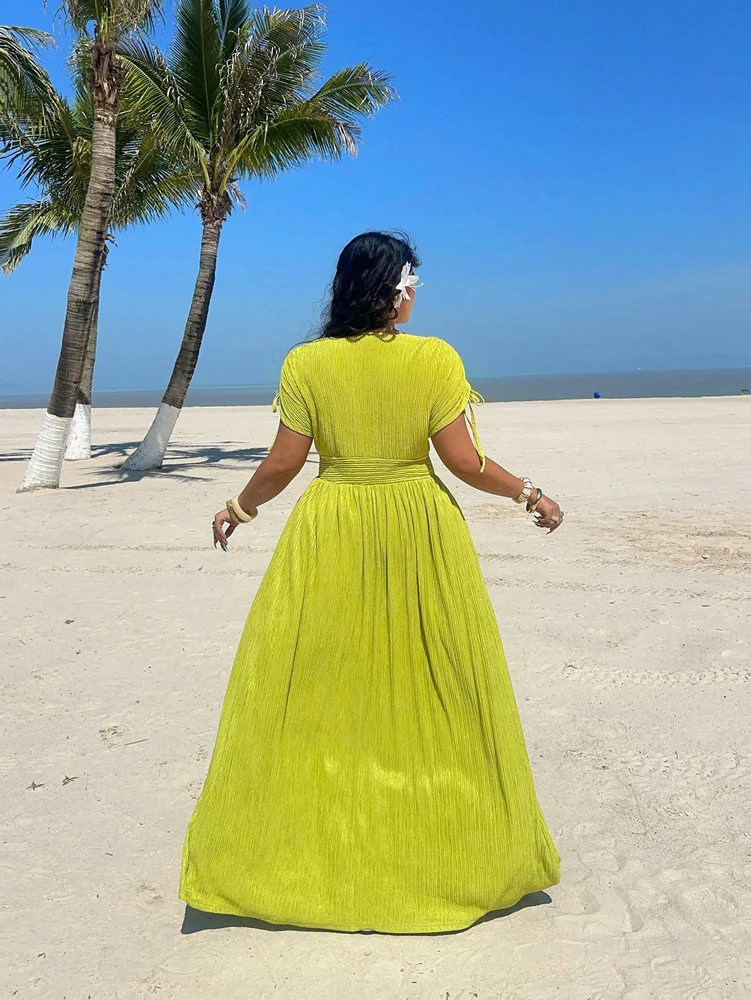 Plus size feminino férias casual beira-mar cintura brilhante vestido de manga curta feriado romântico pulôver de cor pura