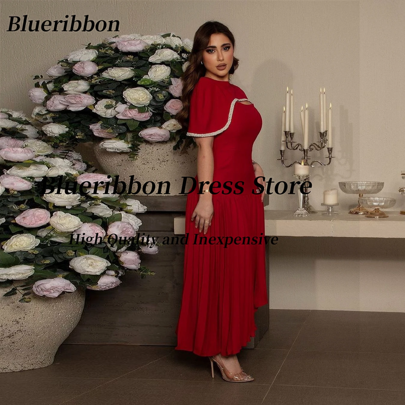 Blueribbon Prom Dresses for Saudi Women Beaded Wraps Zipper Back Evening Party Gowns Asymmetrical Vestidos De Noches