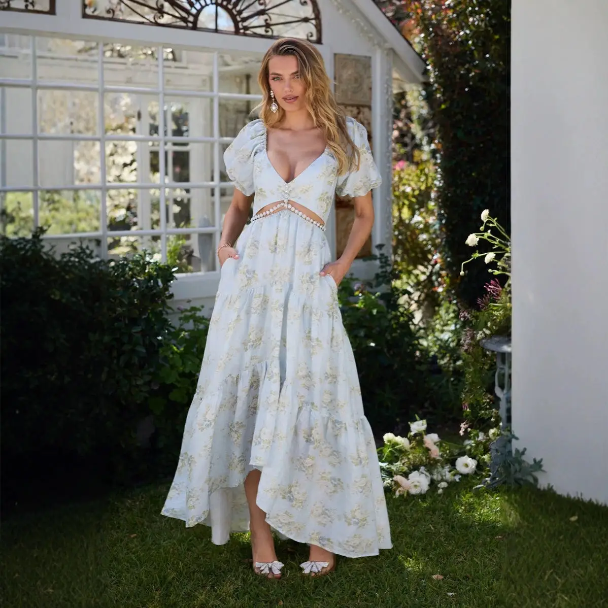 Sexy perla Nelace impreso abertura alta V-Ne Dr con Flng Sve tela de poliéster ort Sve cintura alta primavera Dr