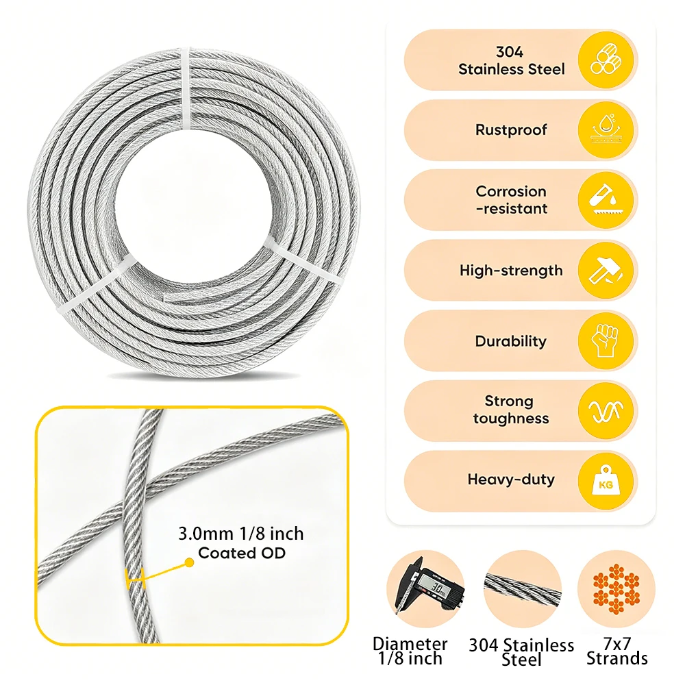 3mm Stainless Steel Wire Rope Kit with PVC Coating Heavy-Duty Cable for Balcony Railing Farm Fence Sunshades Clothesline 10-25m