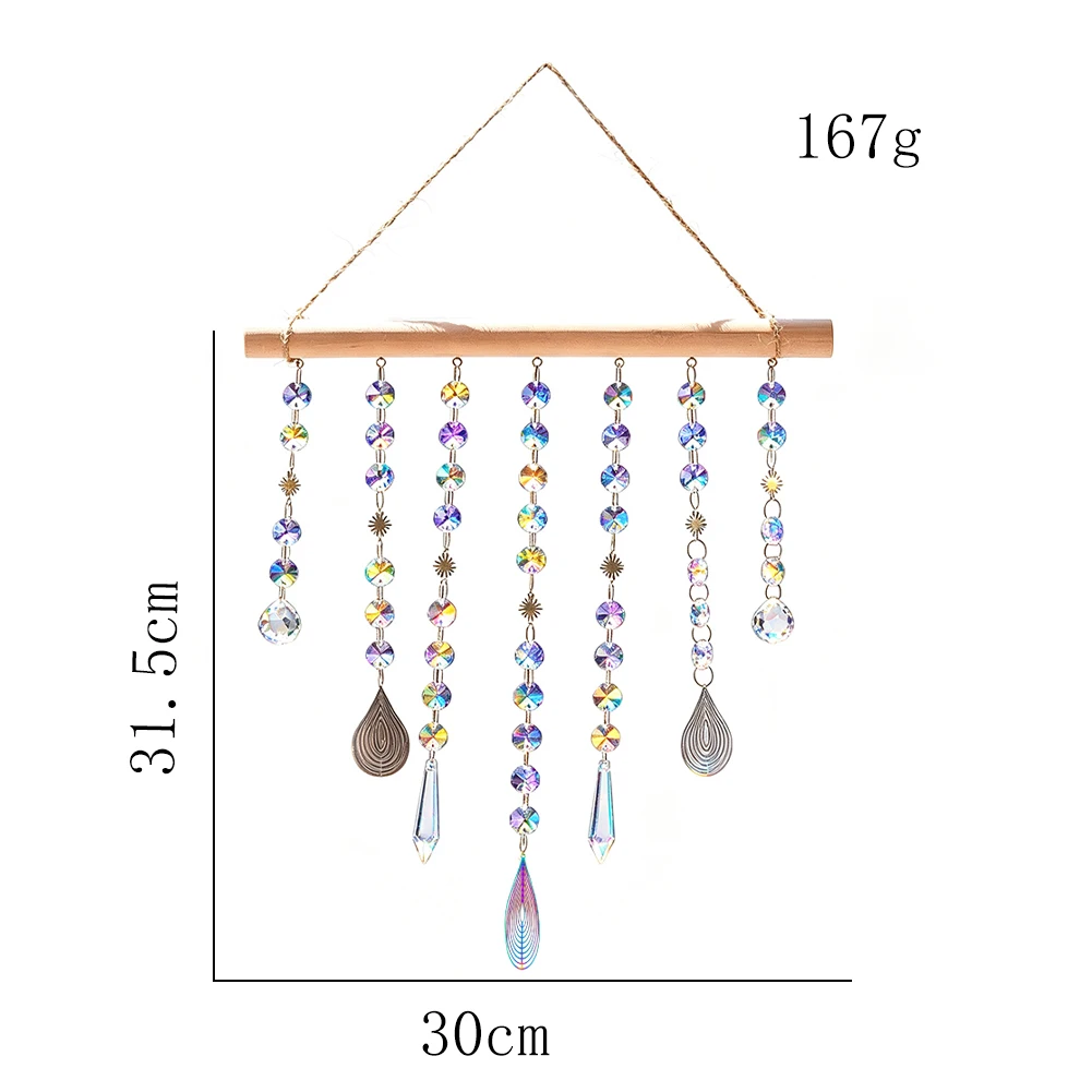 Wood Bar Crystal Wind Chime Rainbow Maker Suncatcher Metal Accents Boho Garden Window Wall Hanging Decor 7 Strand Zen Meditation