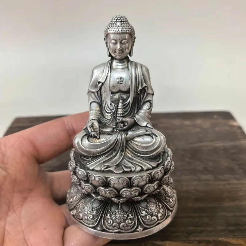 Antique Silver Sakyamuni Buddha Statue Medicine Buddha Buddhist Meditation Desktop Home Shrine Decor Sculpture